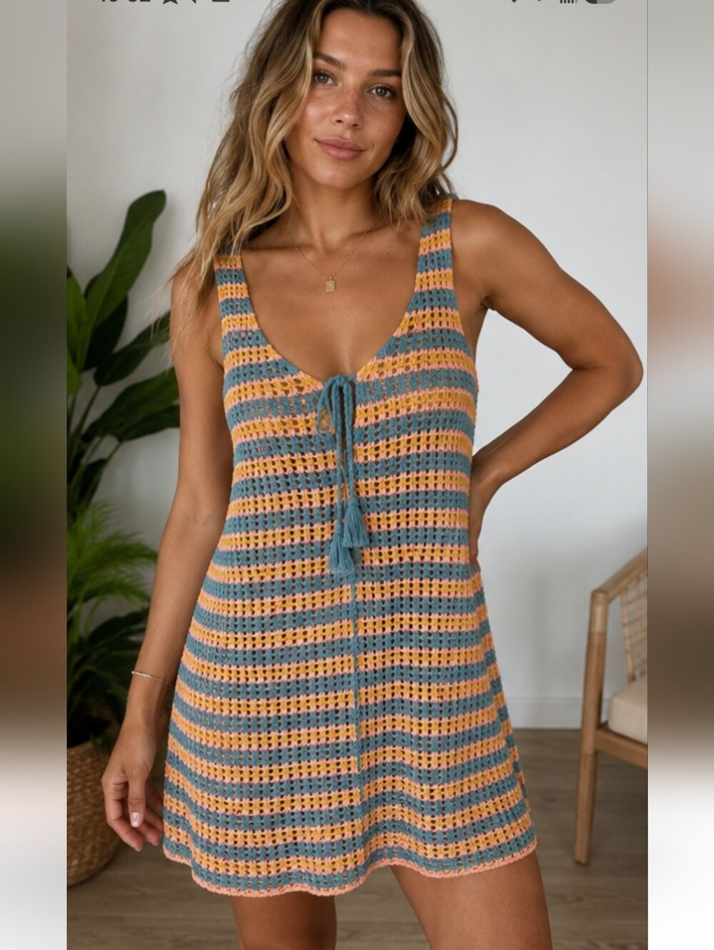 O'Neill Ryan Stripe Crochet Cotton Mini Cover-Up Dress NWT Size Medium